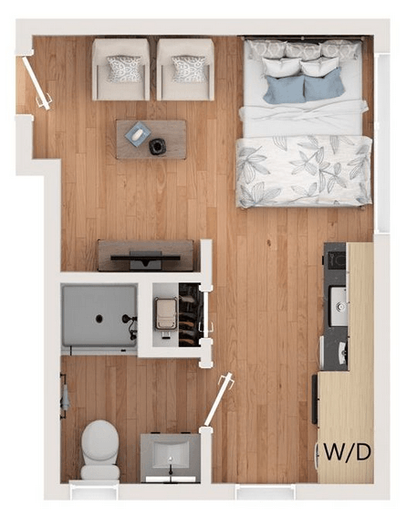 Floor plan for studio, 1 bath, 275 sqft